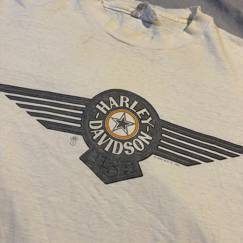 Harley Davidson Vintage 1989 Winged Logo Motorcycle T Shirt Mens Large Thrashed